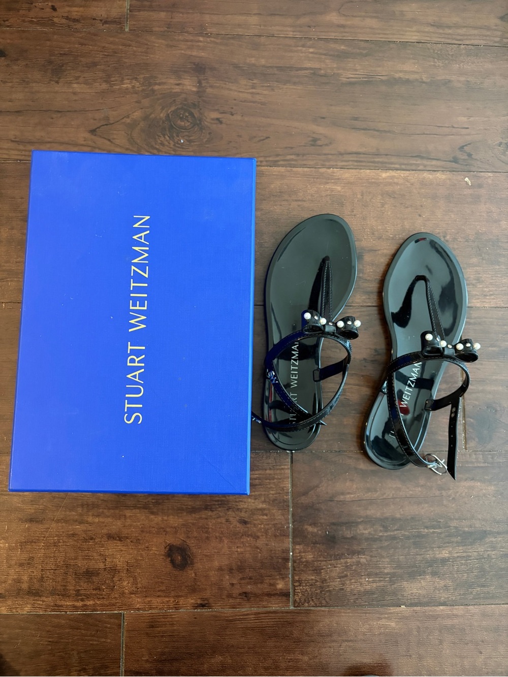 Stuart Weitzman Black Pearl-Accent Jelly T-Strap Sandals